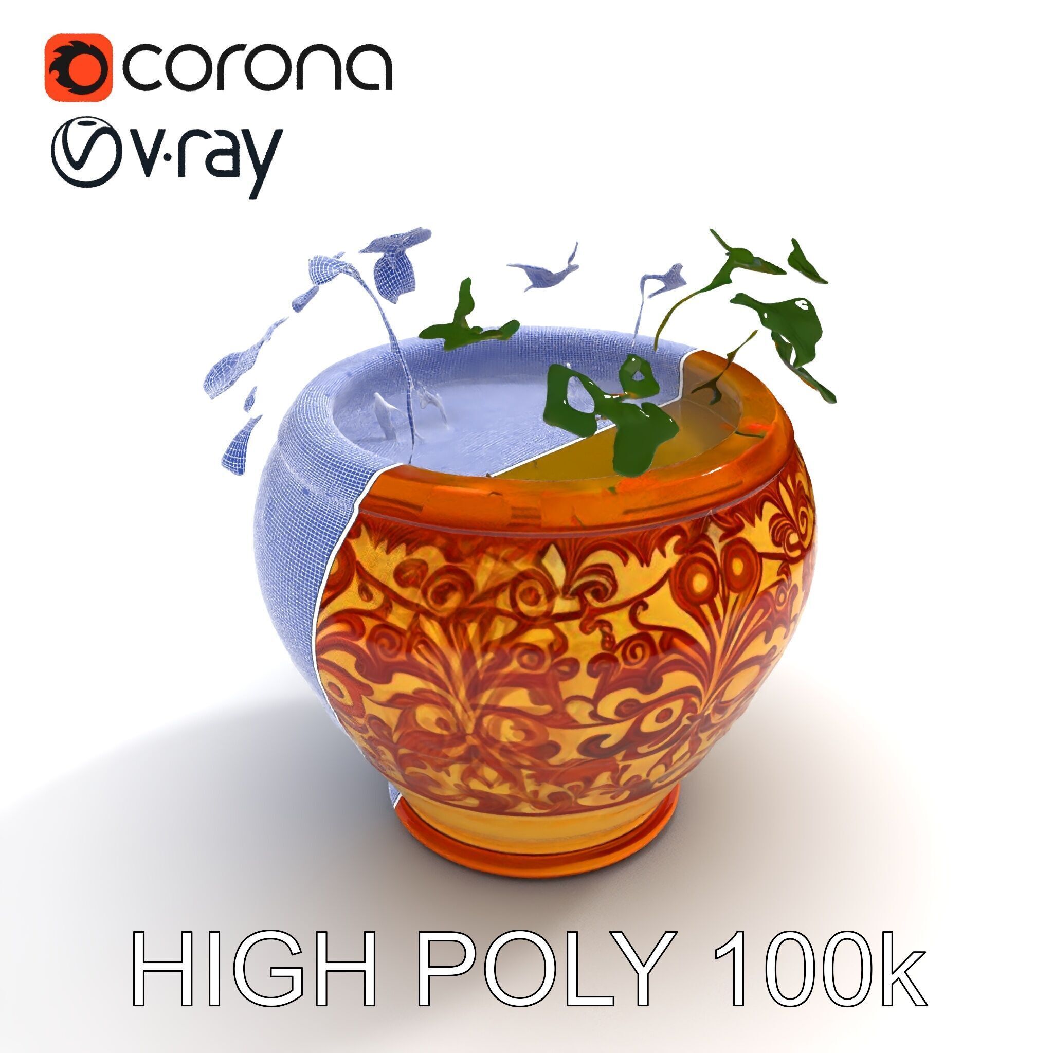 Ornate Decorative Planter with Greenery Model Pack Low-poly 3D model_8