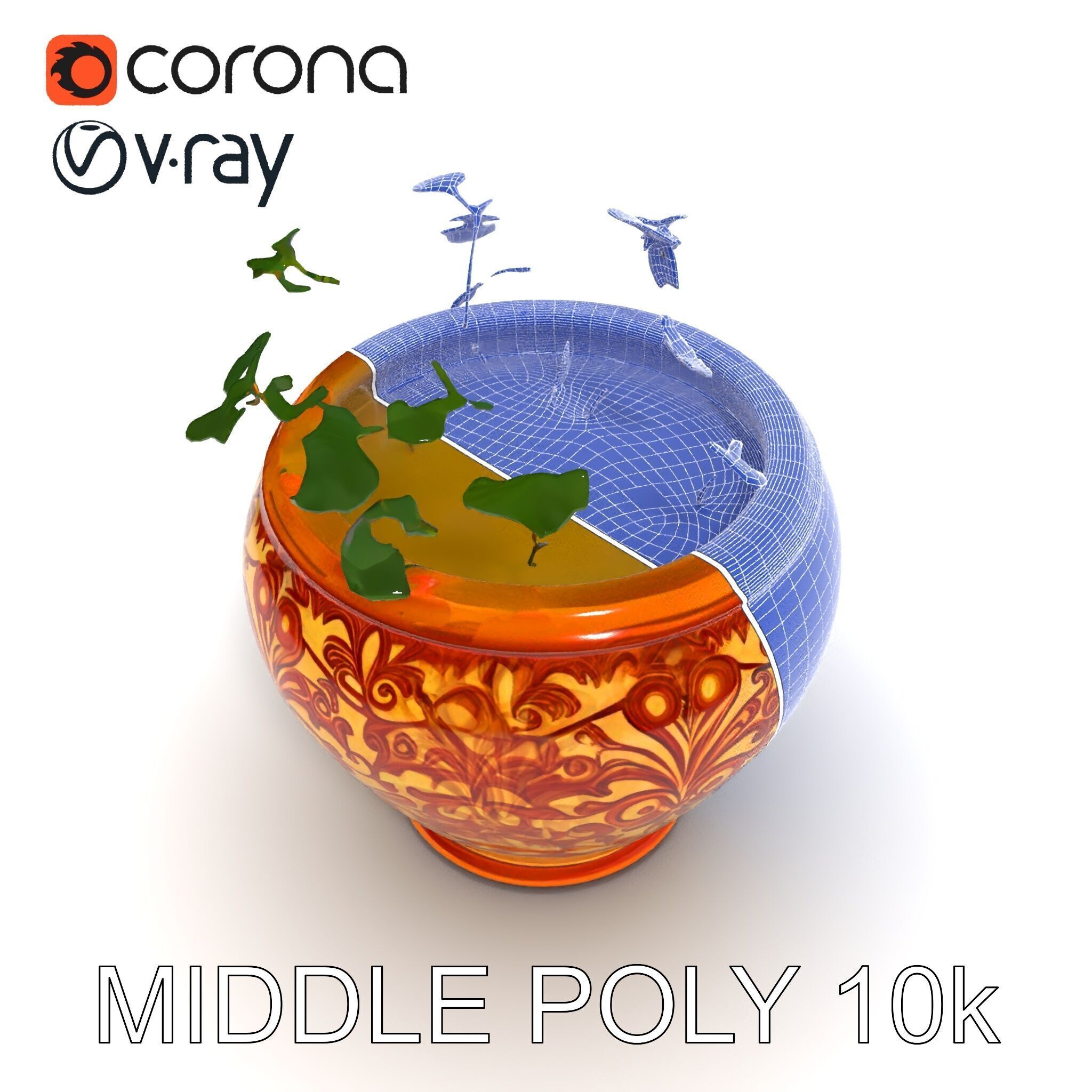 Ornate Decorative Planter with Greenery Model Pack Low-poly 3D model_24