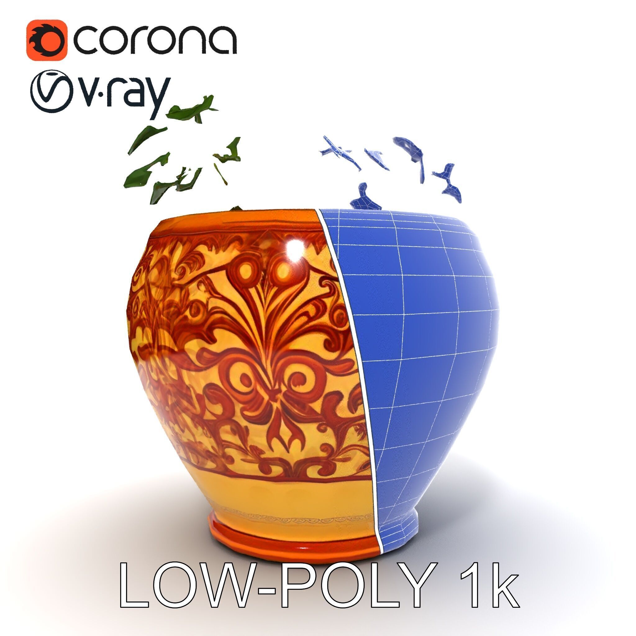 Ornate Decorative Planter with Greenery Model Pack Low-poly 3D model_33