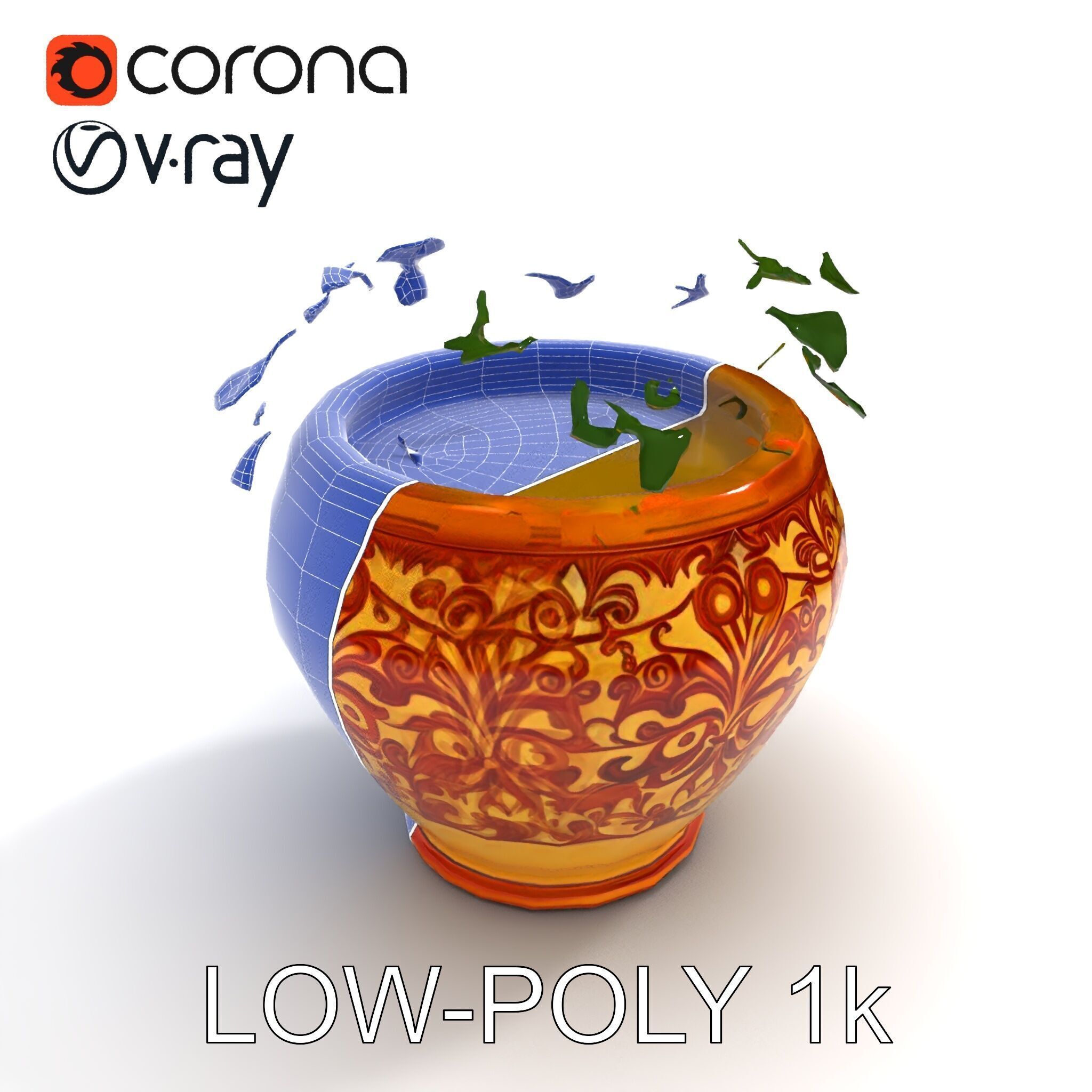 Ornate Decorative Planter with Greenery Model Pack Low-poly 3D model_7