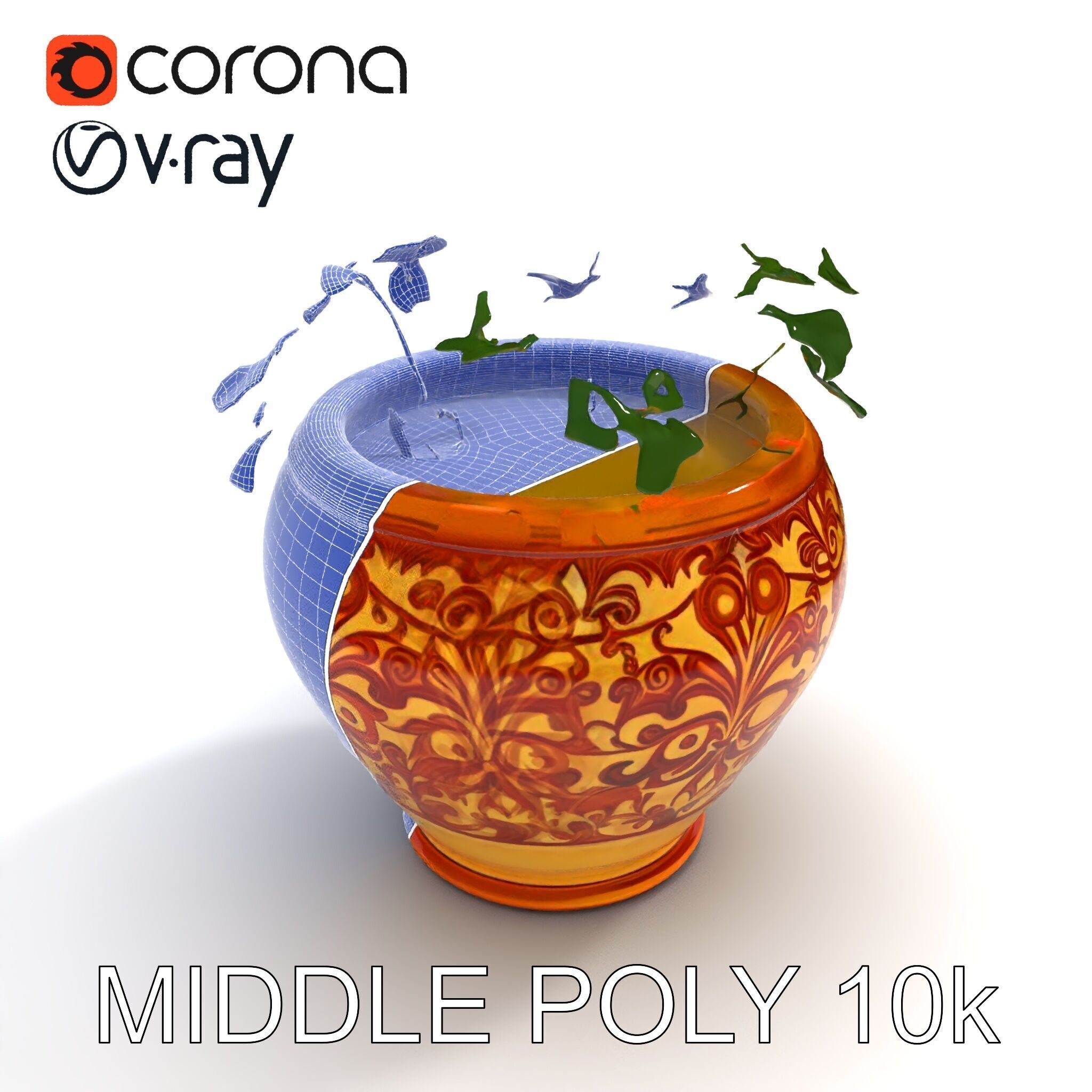 Ornate Decorative Planter with Greenery Model Pack Low-poly 3D model_6