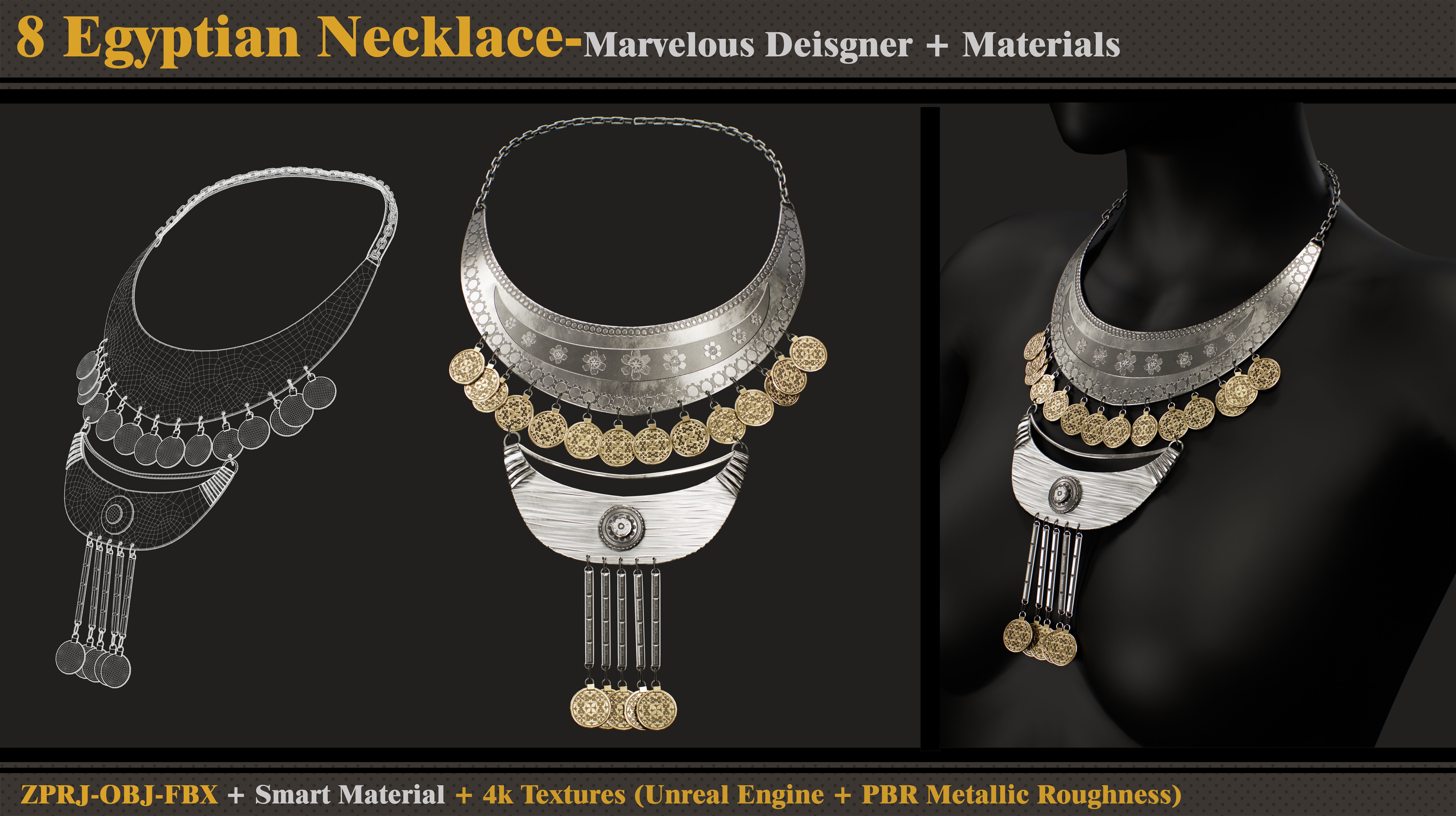 8 Egyptian Necklace-MD-Clo3d-Smart Material- Textures -OBJ-FBX 3D model_1