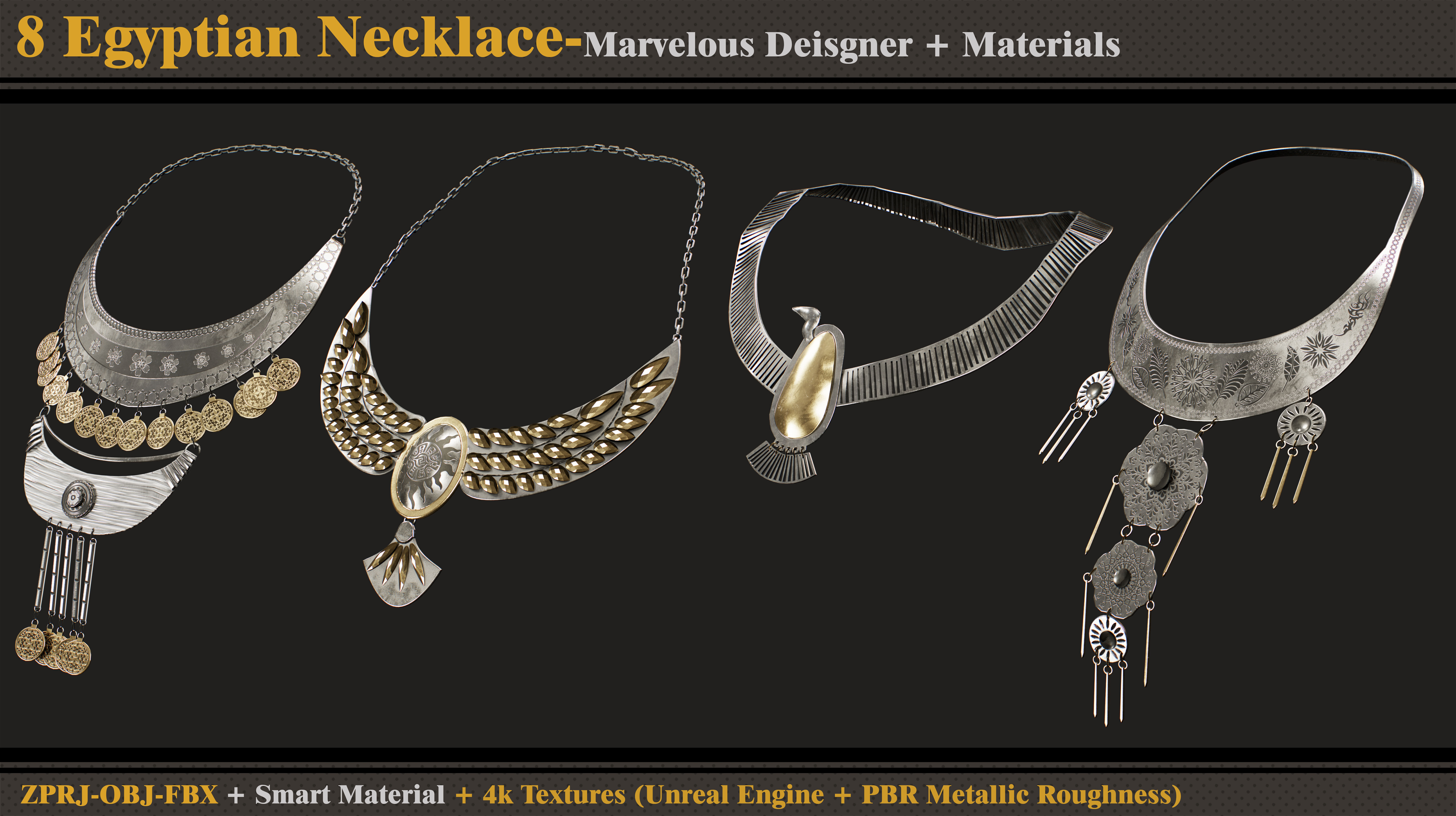 8 Egyptian Necklace-MD-Clo3d-Smart Material- Textures -OBJ-FBX 3D model_4