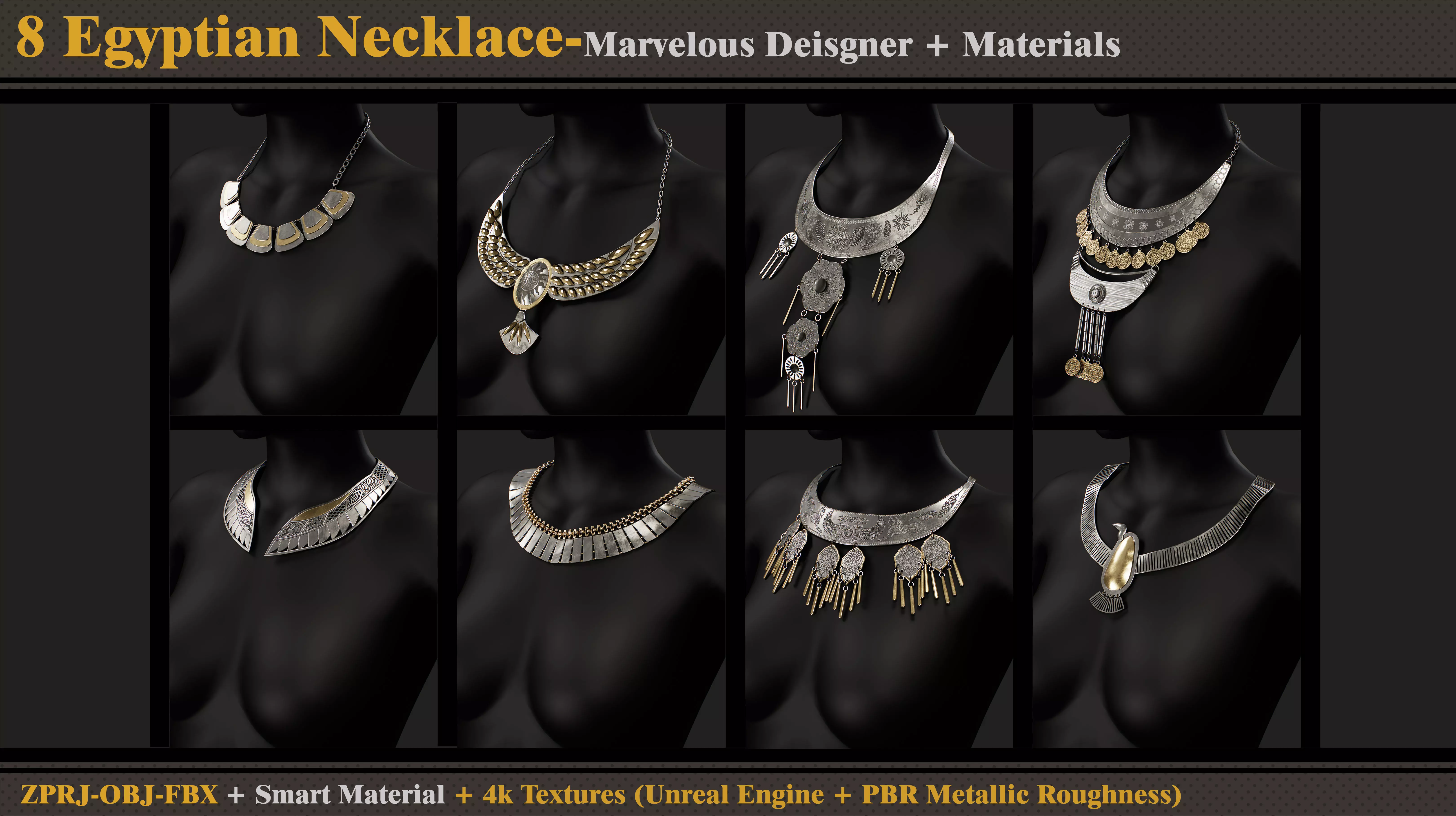 8 Egyptian Necklace-MD-Clo3d-Smart Material- Textures -OBJ-FBX 3D model_0