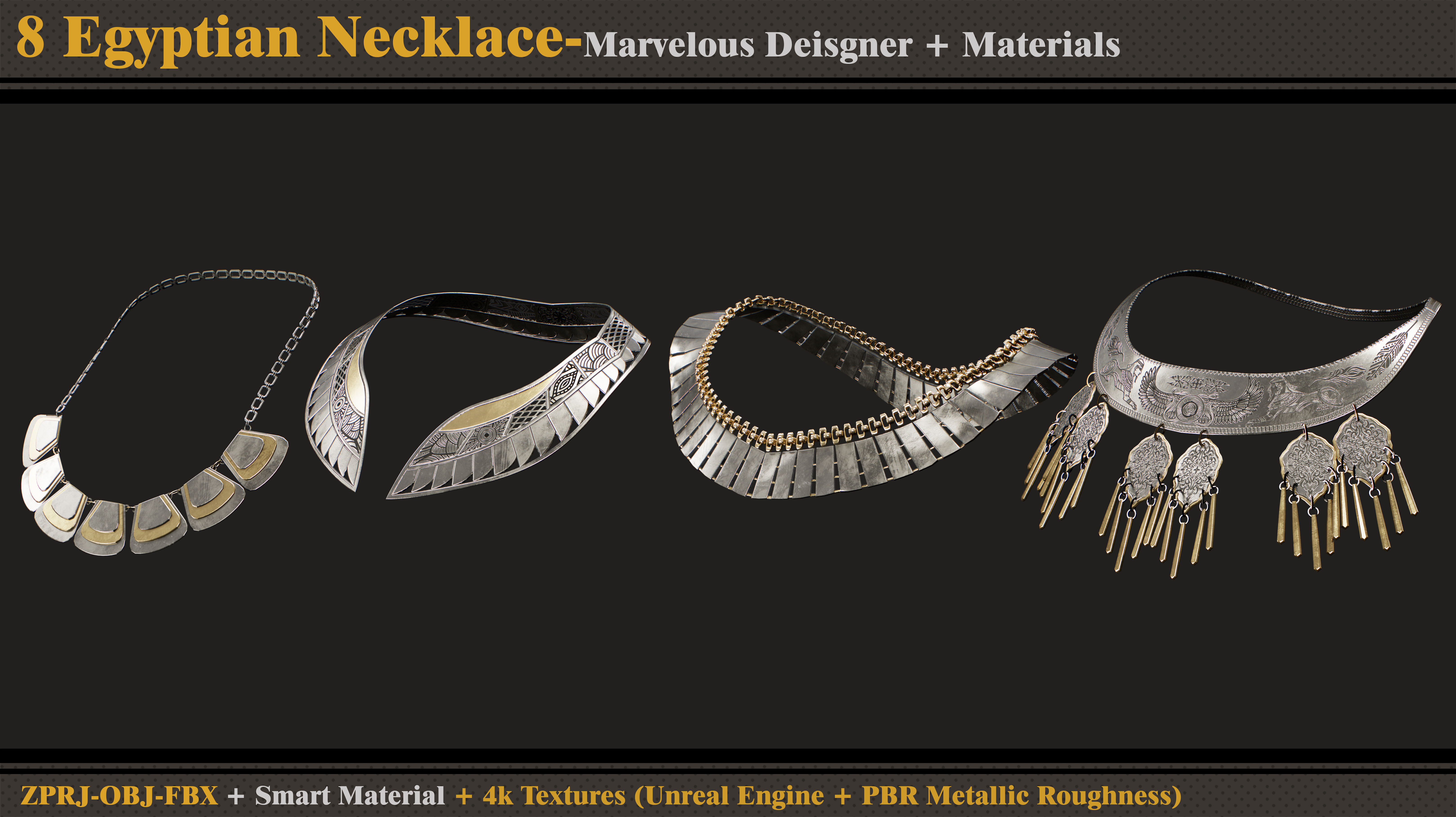 8 Egyptian Necklace-MD-Clo3d-Smart Material- Textures -OBJ-FBX 3D model_3