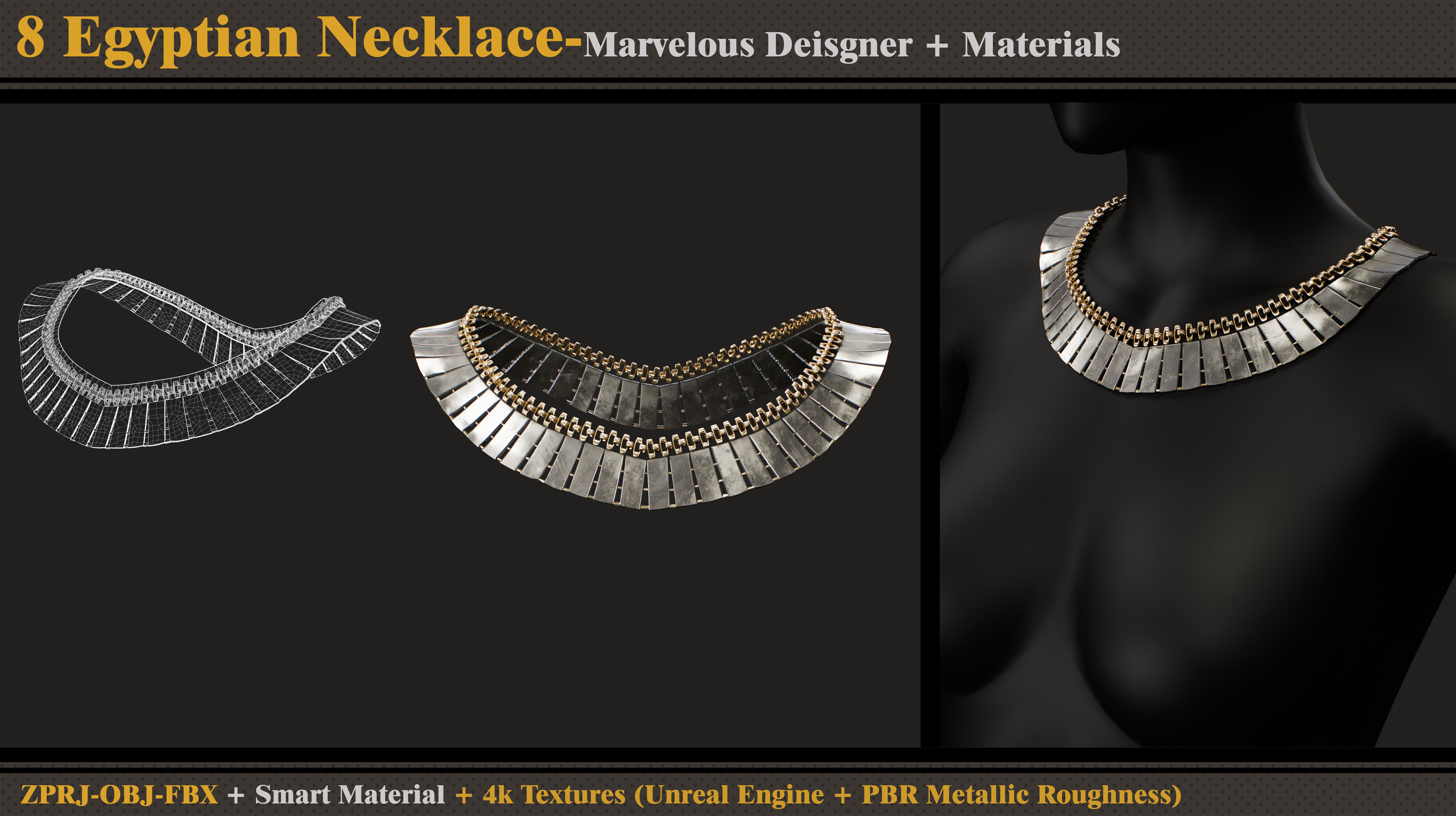 8 Egyptian Necklace-MD-Clo3d-Smart Material- Textures -OBJ-FBX 3D model_7