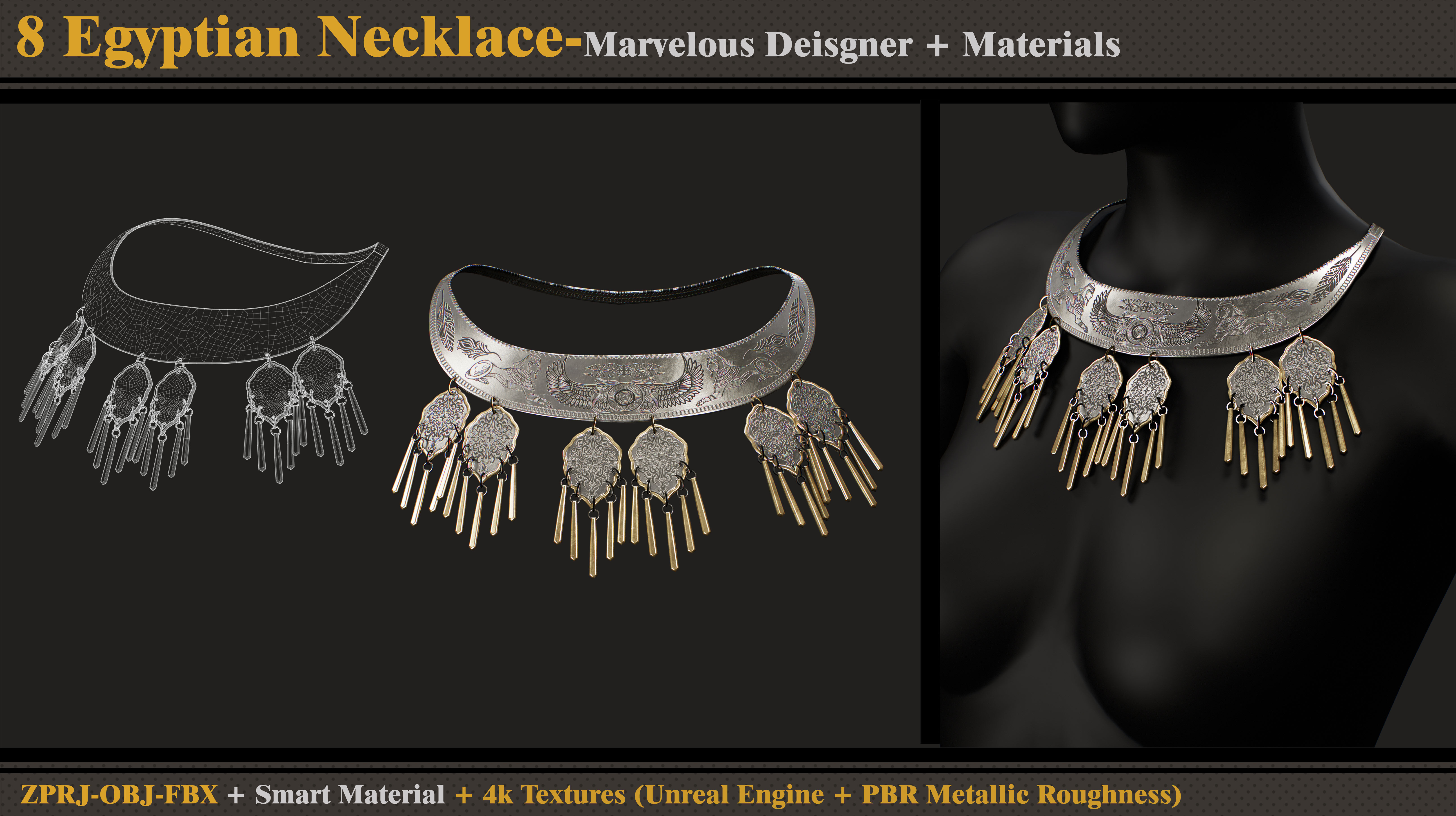 8 Egyptian Necklace-MD-Clo3d-Smart Material- Textures -OBJ-FBX 3D model_8