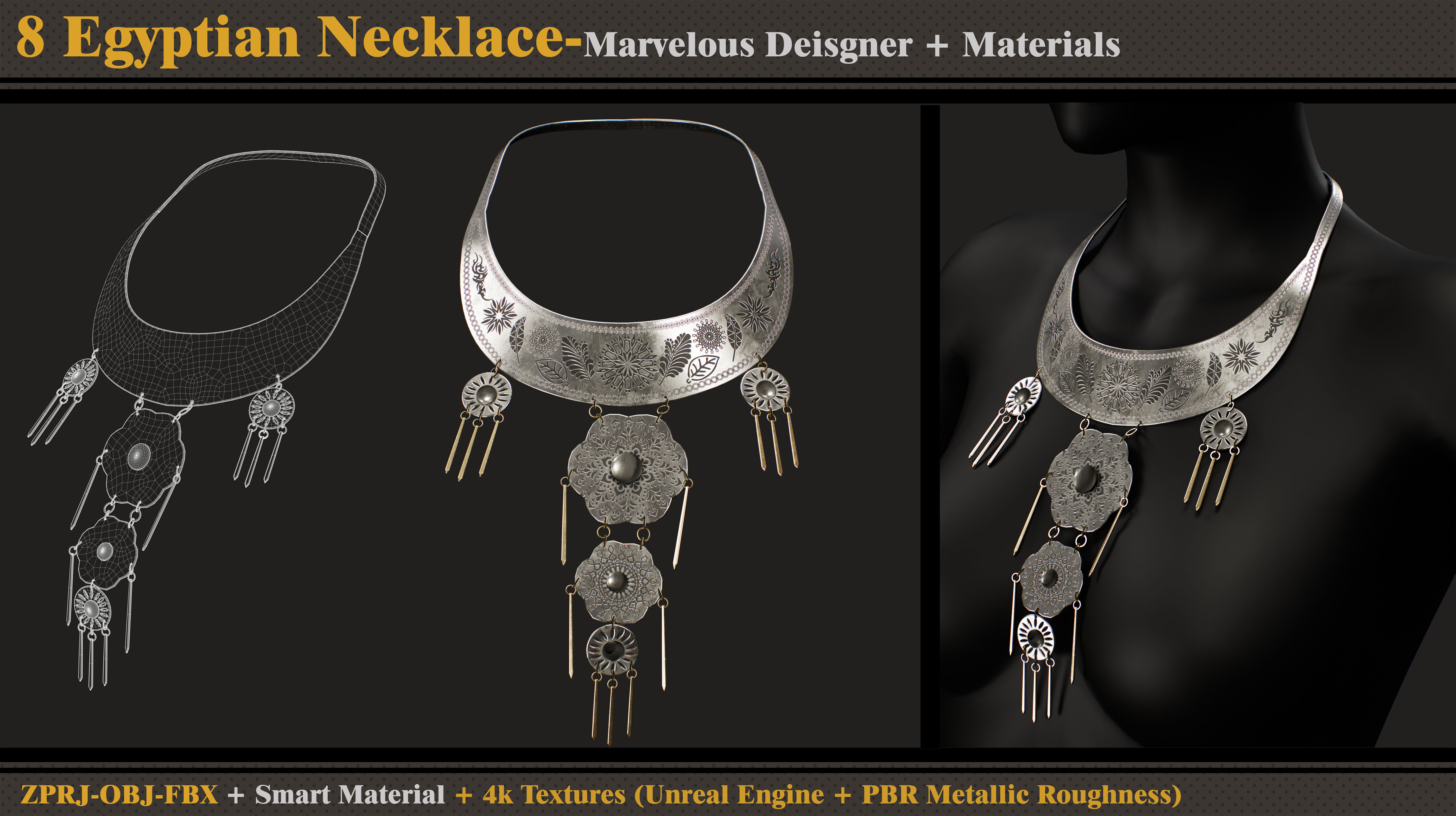 8 Egyptian Necklace-MD-Clo3d-Smart Material- Textures -OBJ-FBX 3D model_10