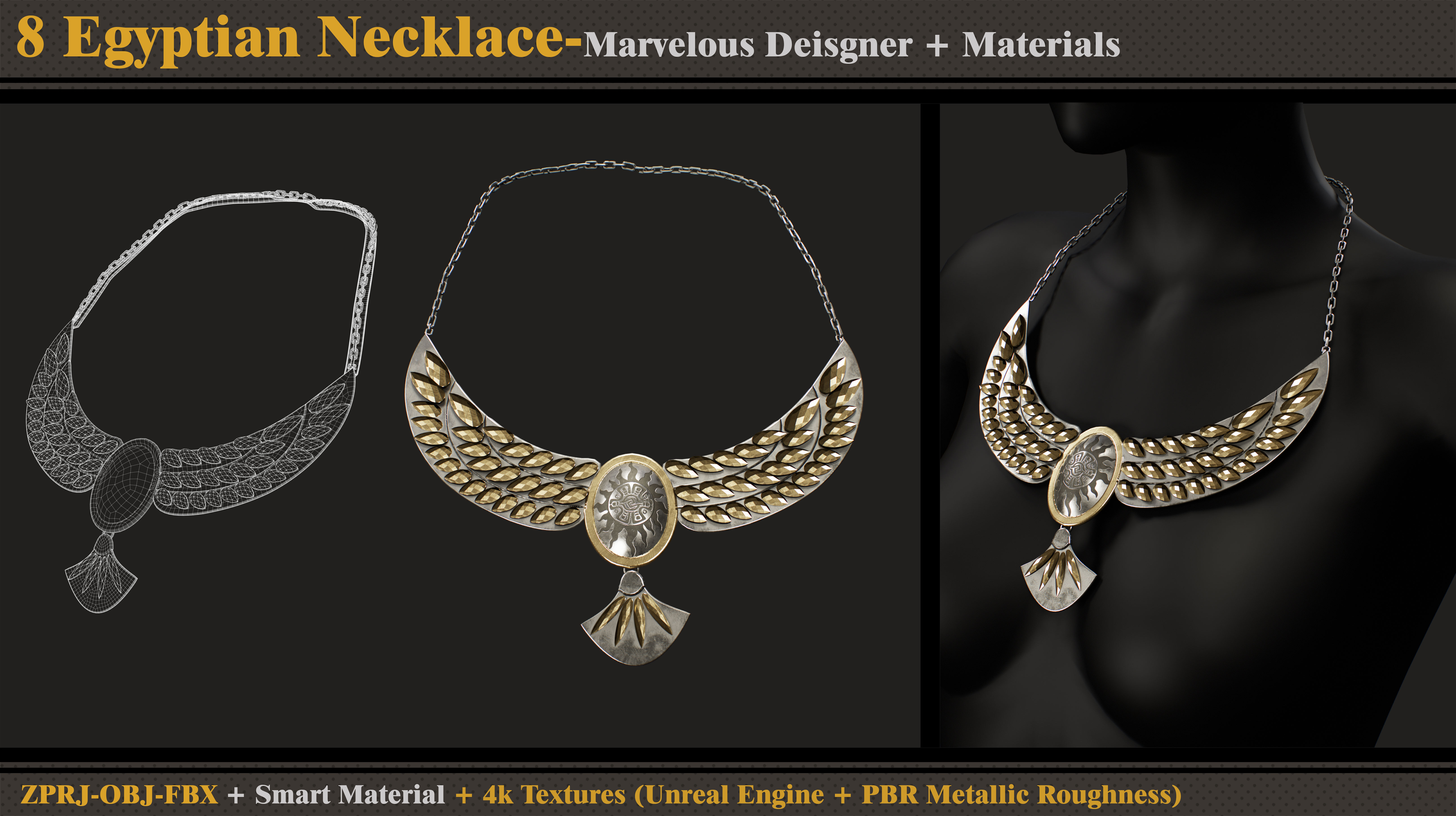 8 Egyptian Necklace-MD-Clo3d-Smart Material- Textures -OBJ-FBX 3D model_9