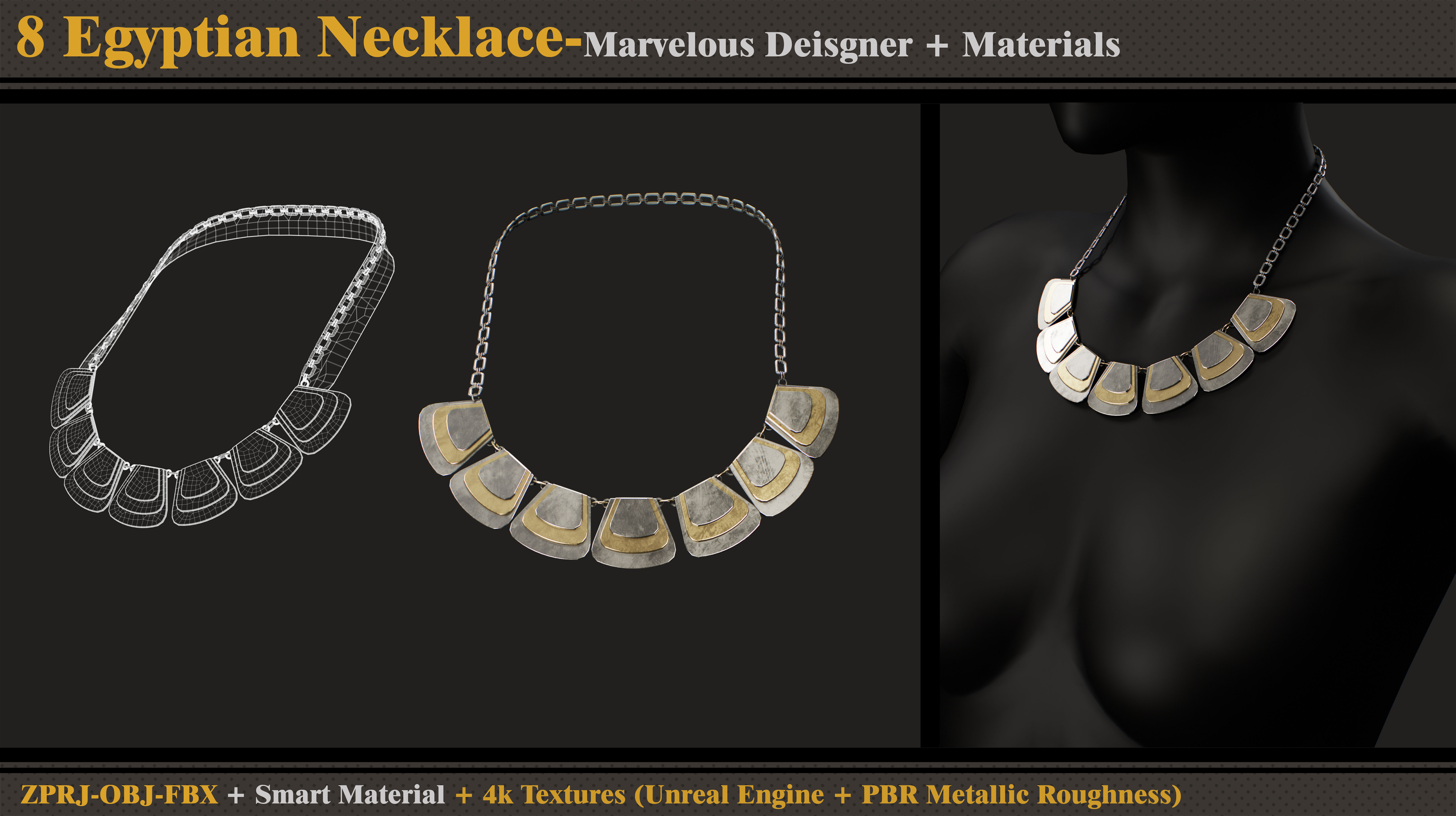 8 Egyptian Necklace-MD-Clo3d-Smart Material- Textures -OBJ-FBX 3D model_6