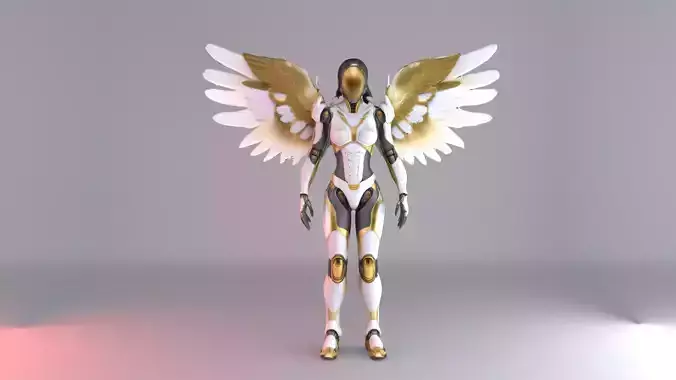 Cyber Angel Sentinel Futuristic Winged Robot Character 3D Model