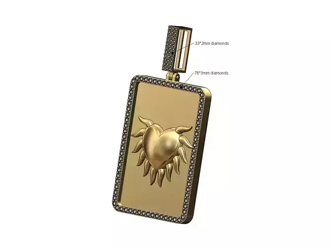 Sacred flaming horned heart rectangular diamond pendant 