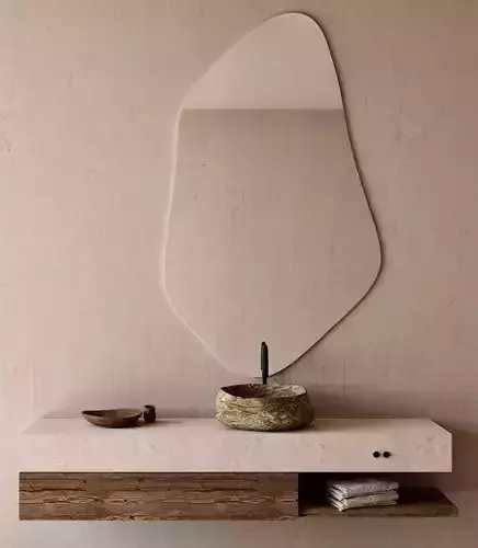 Minimalist bathroom organic stone Basin and Assymetrical Mirror