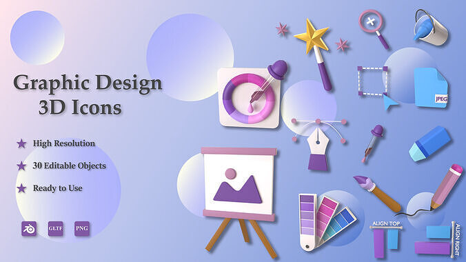 Graphic Design 3D Icons Models 30 Pack High Quality Project Low-poly 3D model