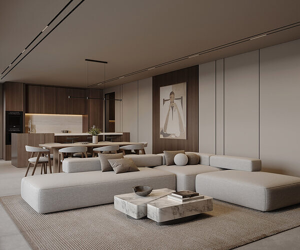 AR-25052 Moonlit Villa - Livingroom-Dining-Kitchen 3D Scene 3D model 4
