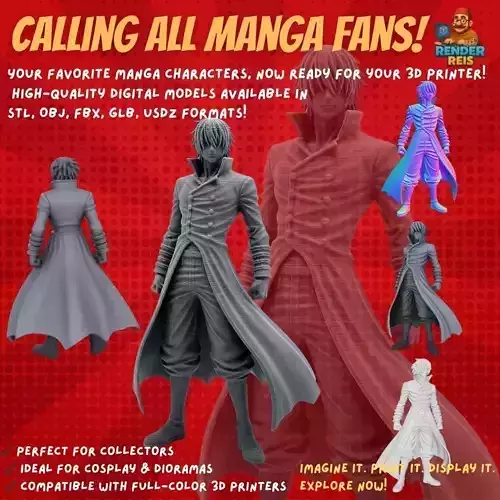 Mysterious Long Coat Charismatic Anime Character 3D Print Model 3D model