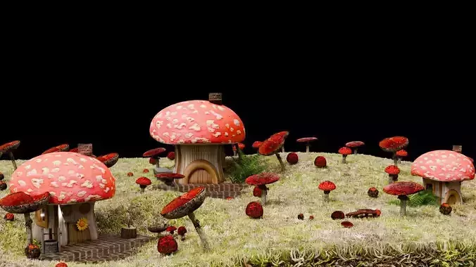 3D Low poly lovely CARTOON Mushroom houses