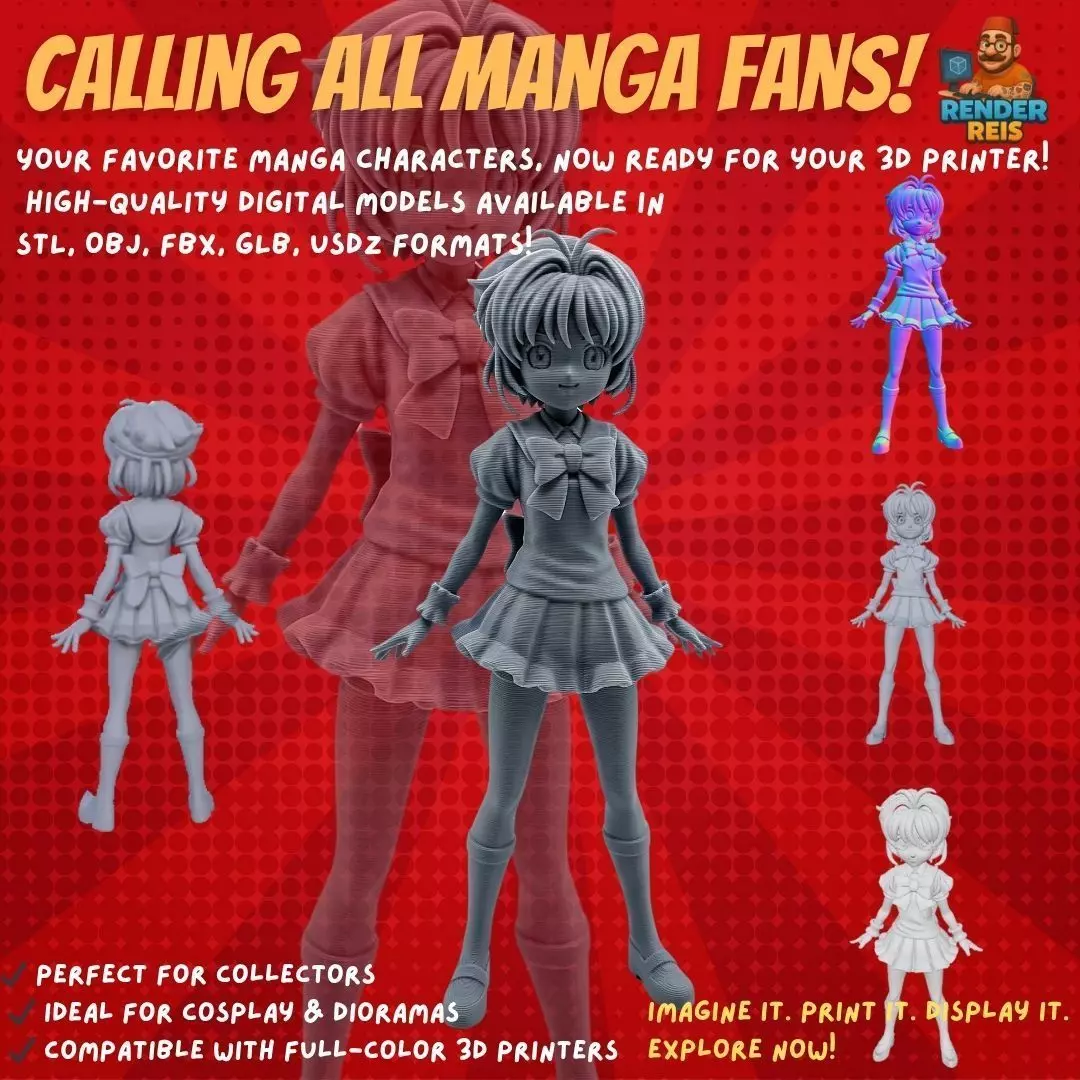 Cheerful Schoolgirl Cute Anime Character 3D Print Model 3D model_0