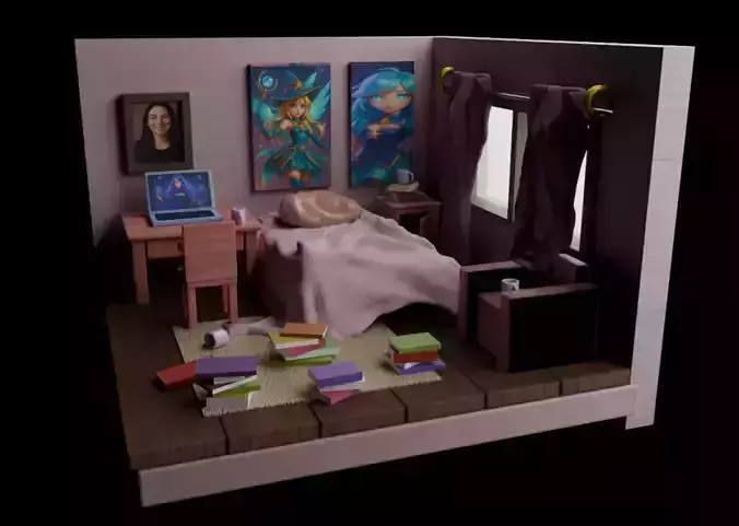 Isometric Modern Bedroom Stylized 3D Room Scene 