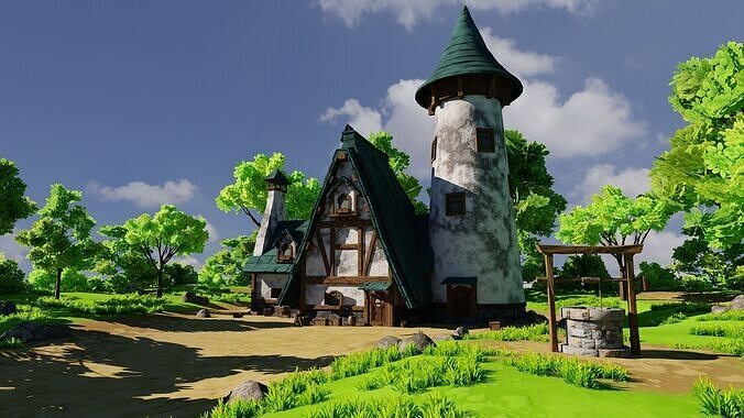 Medieval House 9 With Environment Low-poly 3D model 2