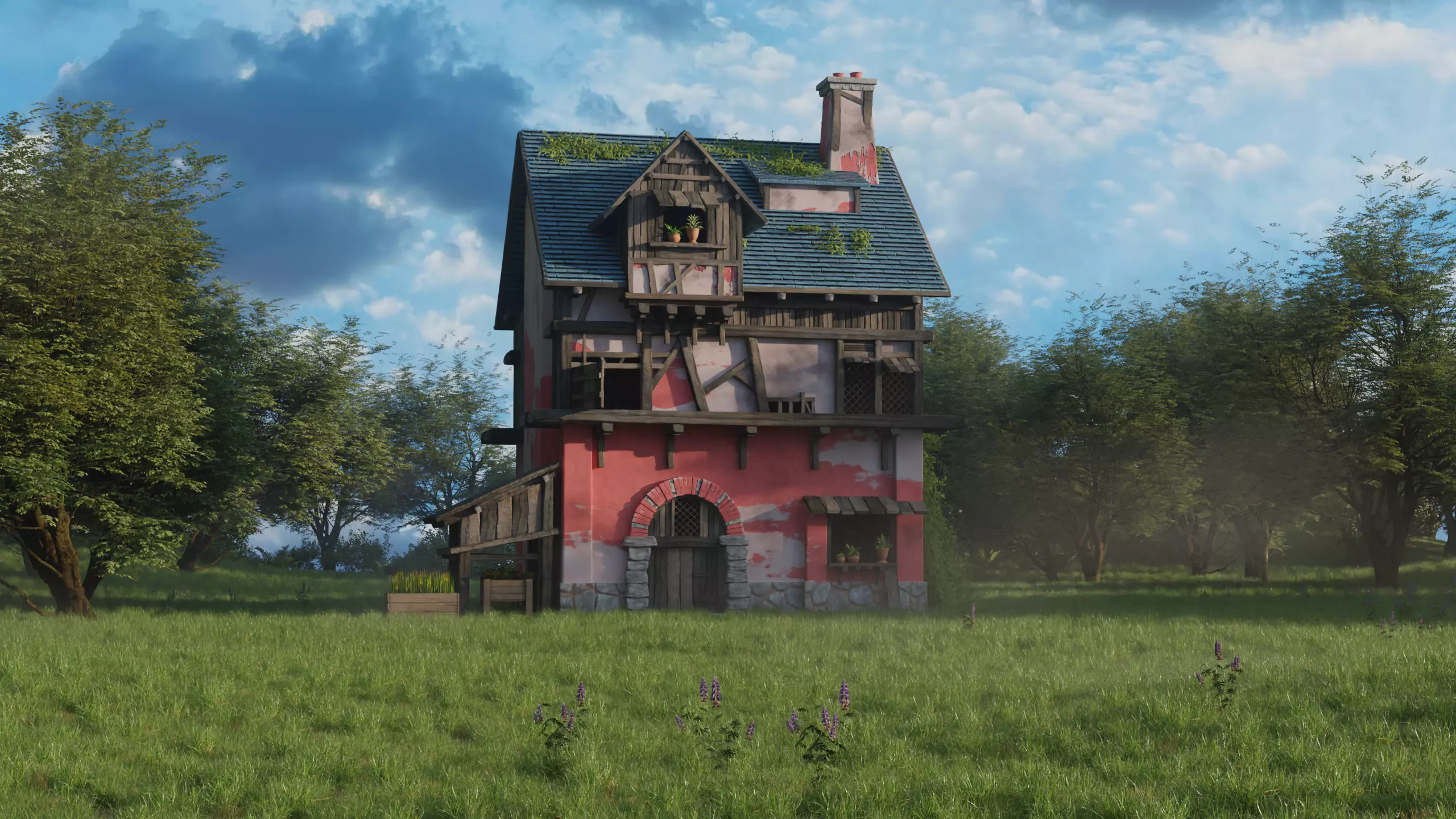 Medieval House Environment Realistic 3D Nature Scene in Blender 3D model_0