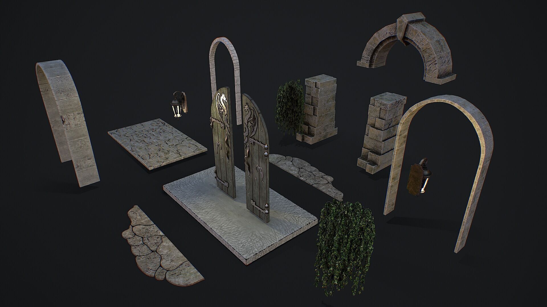 Medieval Door game ready modular 3d model Low-poly 3D model_3