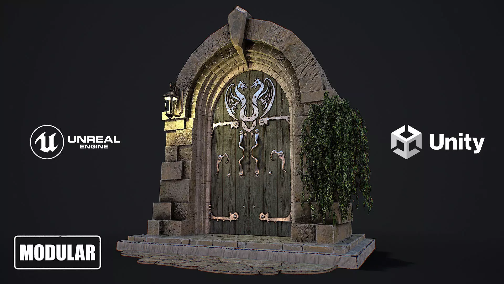 Medieval Door game ready modular 3d model Low-poly 3D model_0