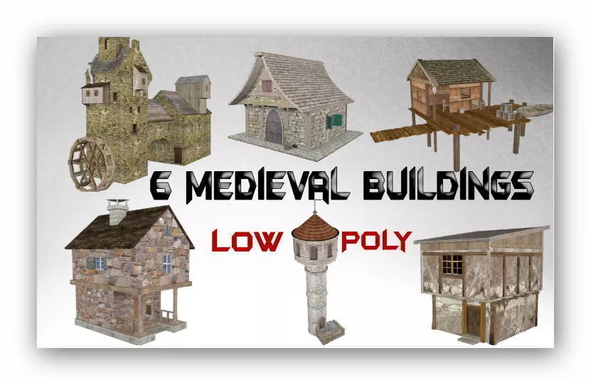 Medieval lowpoly buildings Low-poly 3D model_0