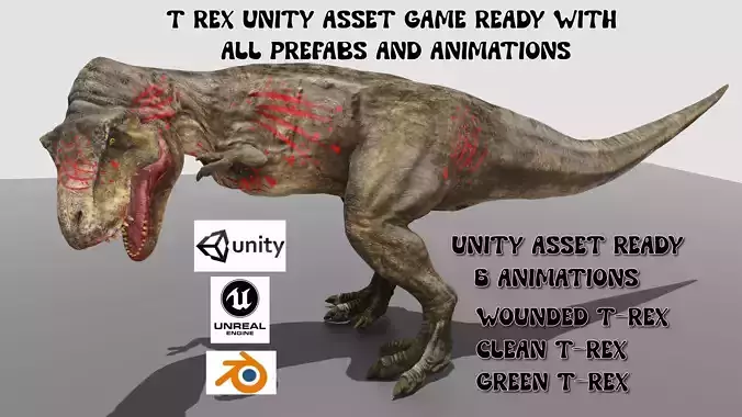 3 animated Tyrannosaurus - T-rex Dinosaur unity asset ready Low-poly 3D model