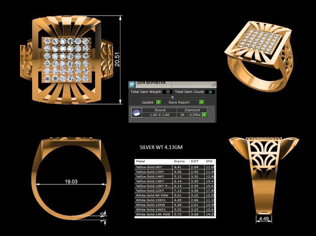 Lightweight Paper Casting Gents Ring with Diamond  3DM JPG Files 3D print model_12