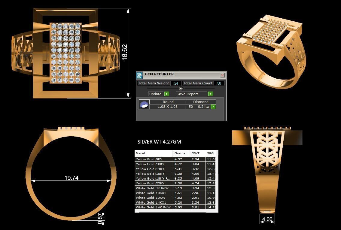 Lightweight Paper Casting Gents Ring with Diamond  3DM JPG Files 3D print model_7