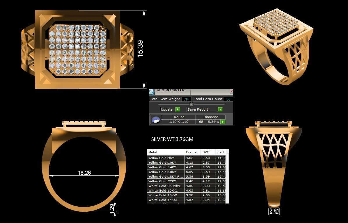 Lightweight Paper Casting Gents Ring with Diamond  3DM JPG Files 3D print model_21