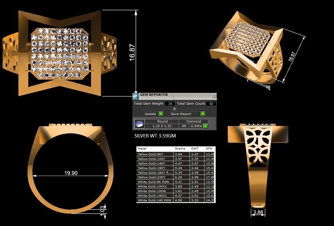 Lightweight Paper Casting Gents Ring with Diamond  3DM JPG Files 3D print model_14