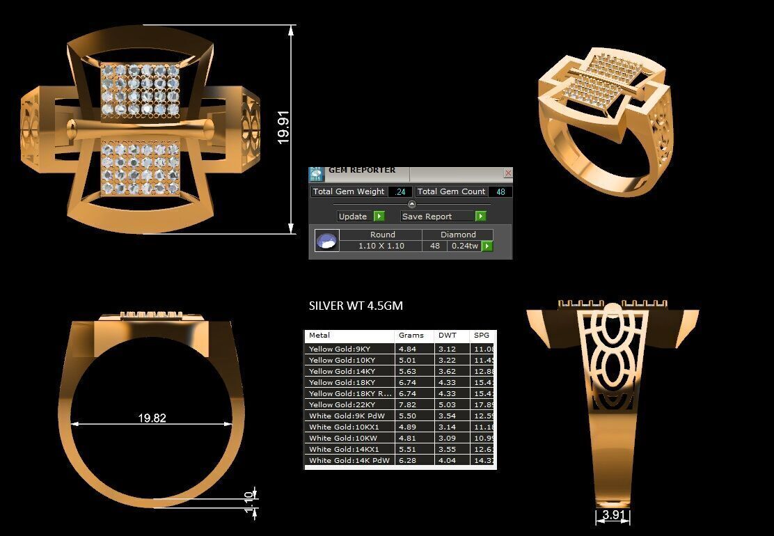 Lightweight Paper Casting Gents Ring with Diamond  3DM JPG Files 3D print model_18