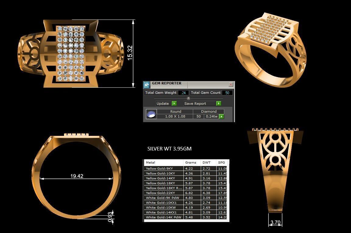 Lightweight Paper Casting Gents Ring with Diamond  3DM JPG Files 3D print model_17