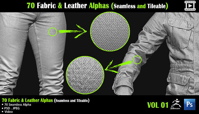 70 Fabric and Leather Alphas -Seamless and Tileable-  Video 3D model