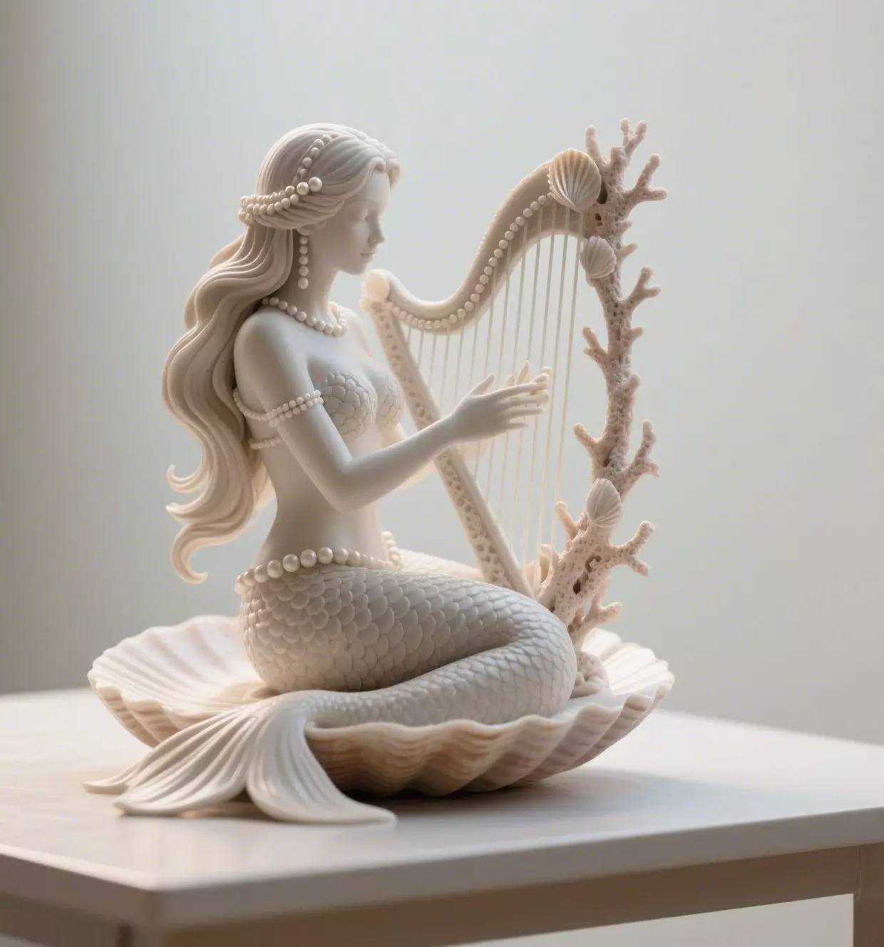 Shell Harp Siren Seated Mermaid Sculpture 3D print model_0