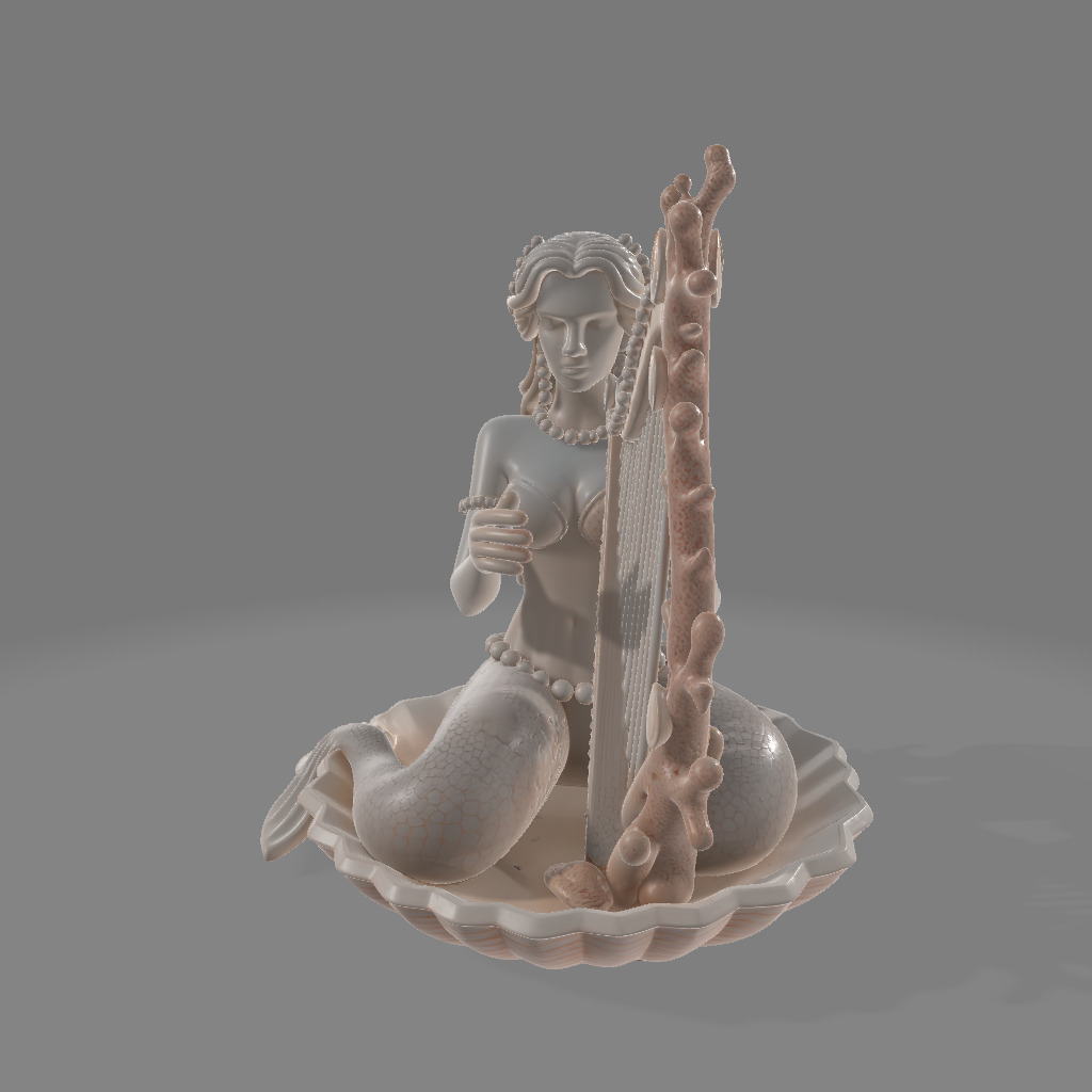 Shell Harp Siren Seated Mermaid Sculpture 3D print model_4