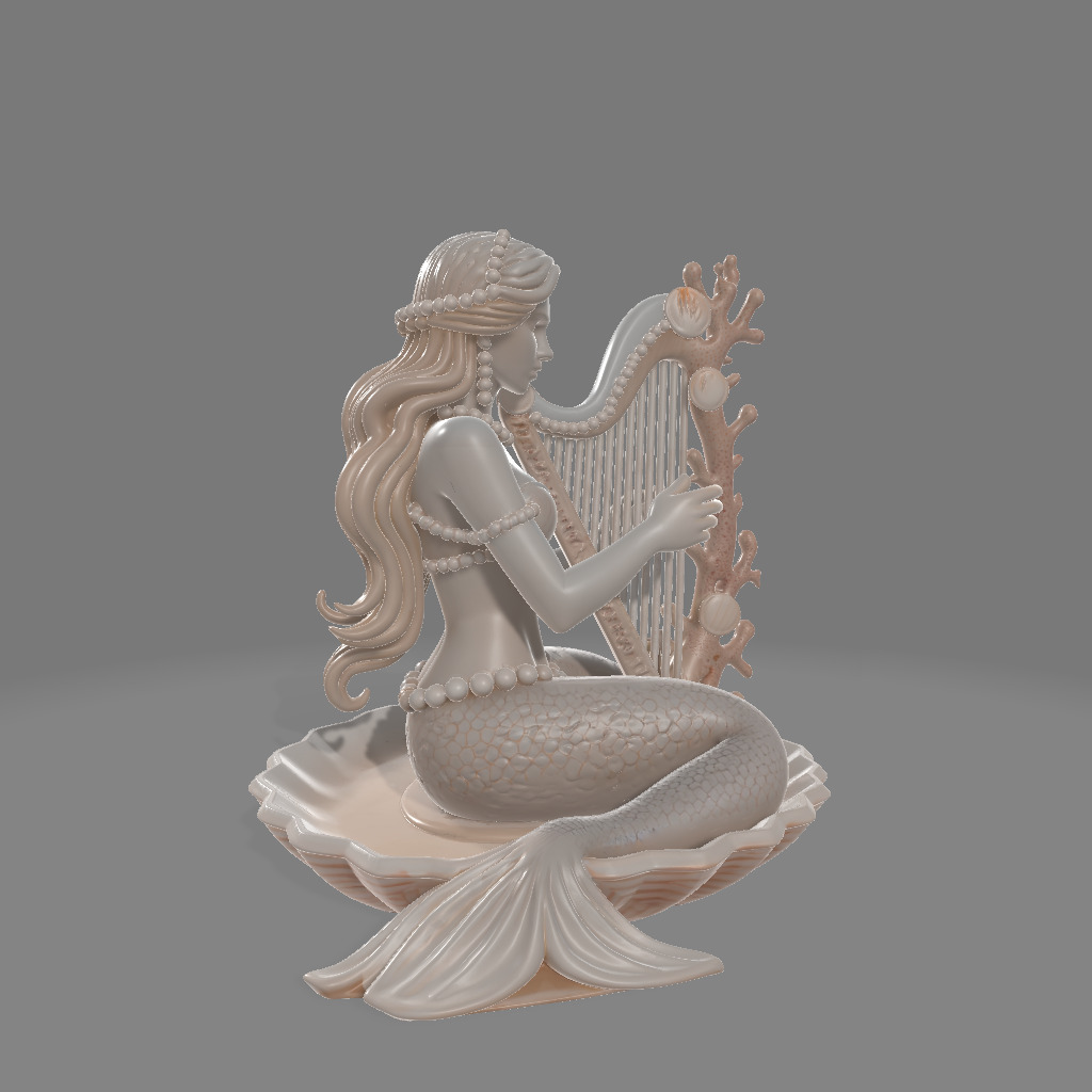 Shell Harp Siren Seated Mermaid Sculpture 3D print model_1