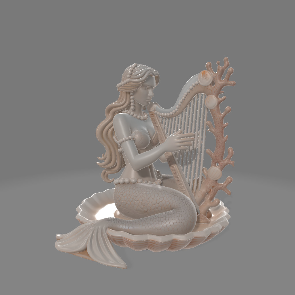 Shell Harp Siren Seated Mermaid Sculpture 3D print model_3
