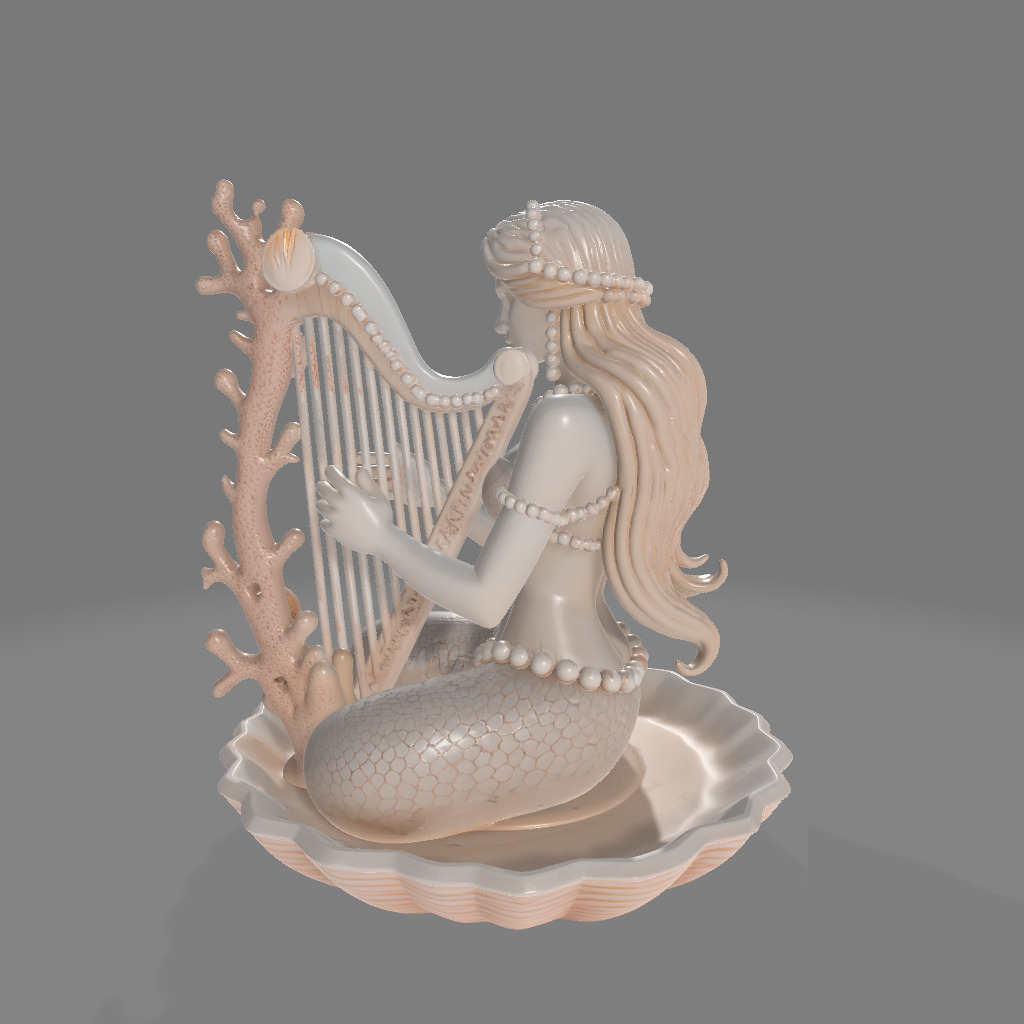 Shell Harp Siren Seated Mermaid Sculpture 3D print model_5