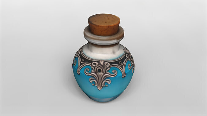 Ornate Glass Potion Bottle with Blue Liquid and Cork Stopper 3D model