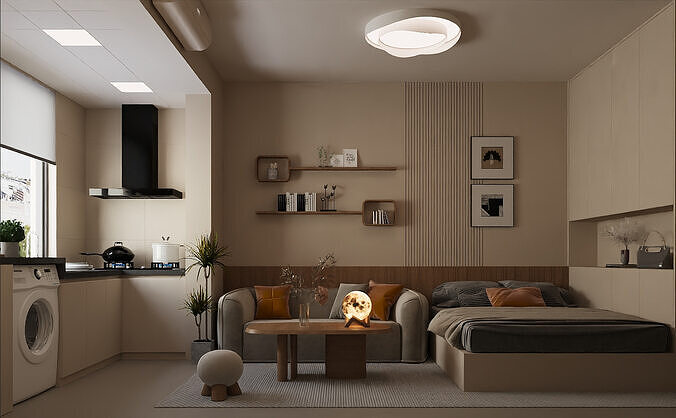 Modern Creamy Home Living Room 3D model