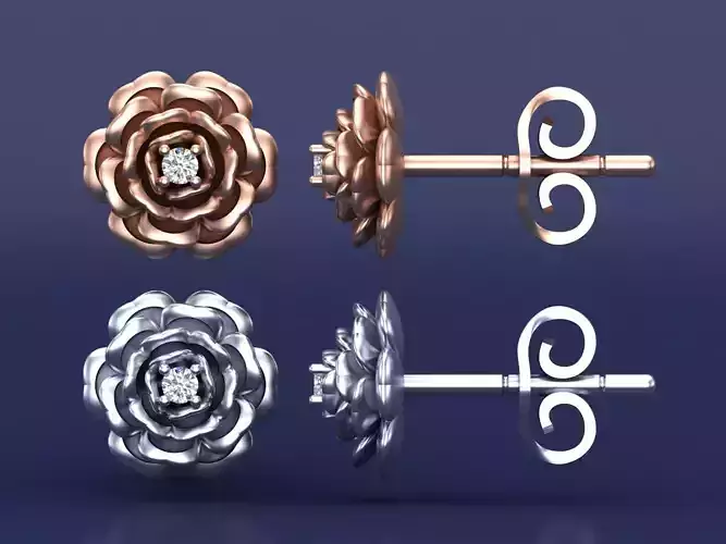 Rose Flower Mini Diamond Stud Earrings 3D Cad Design 3D print model