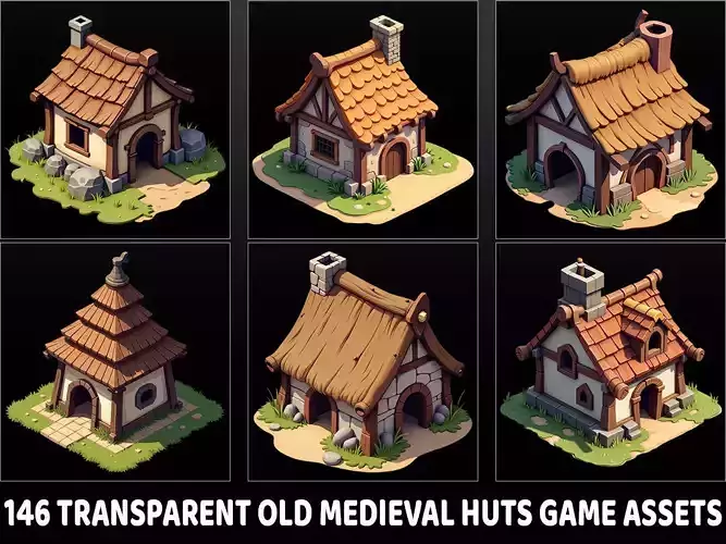 146 Transparent Old Medieval Huts Game Assets