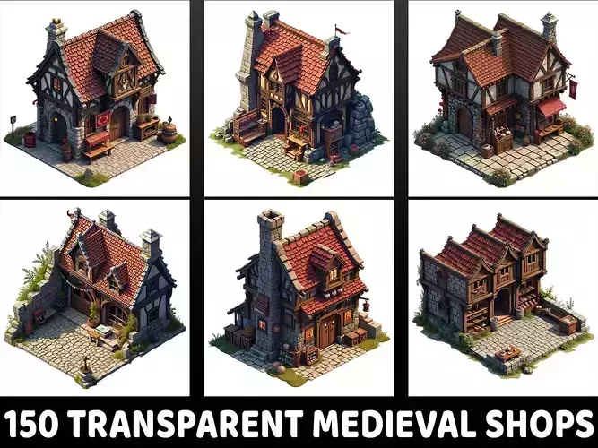 150 Transparent Medieval Shops Game Assets