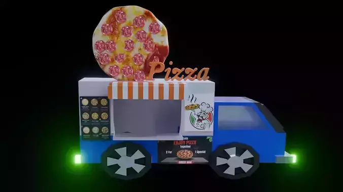 3D Low poly CARTOON lovely Pizza truck