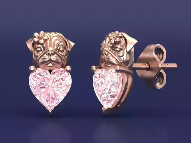Pug Dog Stud Earrings with Heart Shaped Gems 3D Jewelry Design 3D print model