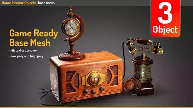 Antique Home Props 3D Pack   Vintage Phone  Radio  and Clock