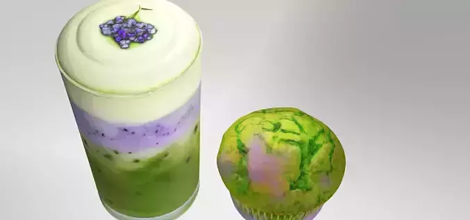 Lavender Matcha Latte Muffin 3D Model Set